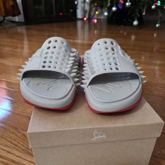 Christian Louboutin Gray Slide Sandals with Red Sole main image 4